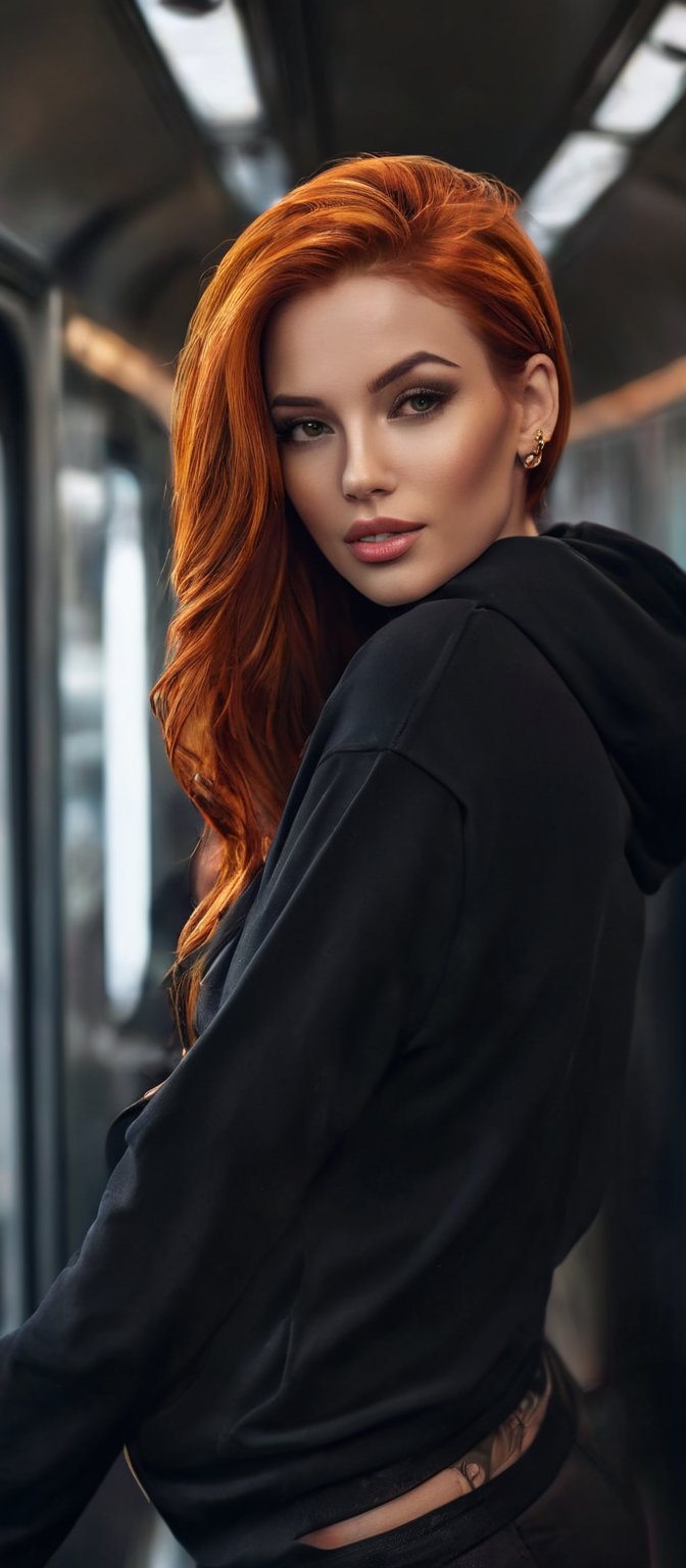 Generate hyper realistic image of a woman with flowing red hair with black strands that cascades down her back. She is loo...