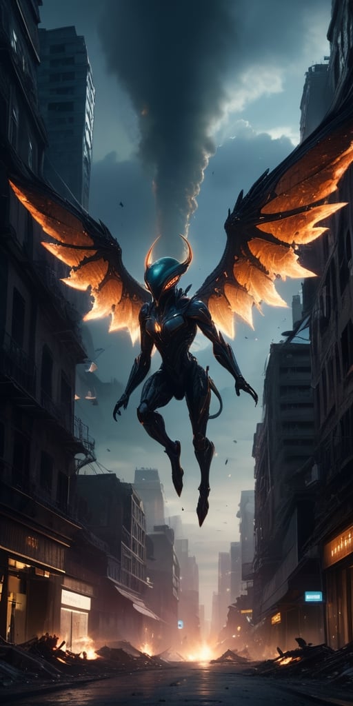 Generate hyper realistic image of alien entities with biomechanical wings,  soaring through the darkened skies as they unl...