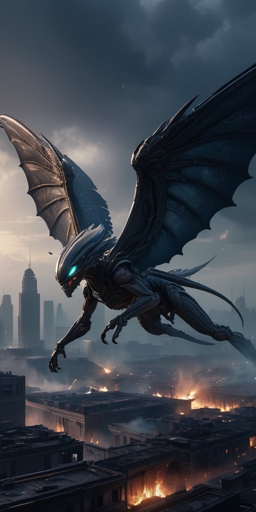 Generate hyper realistic image of alien entities with biomechanical wings,  soaring through the darkened skies as they unl...