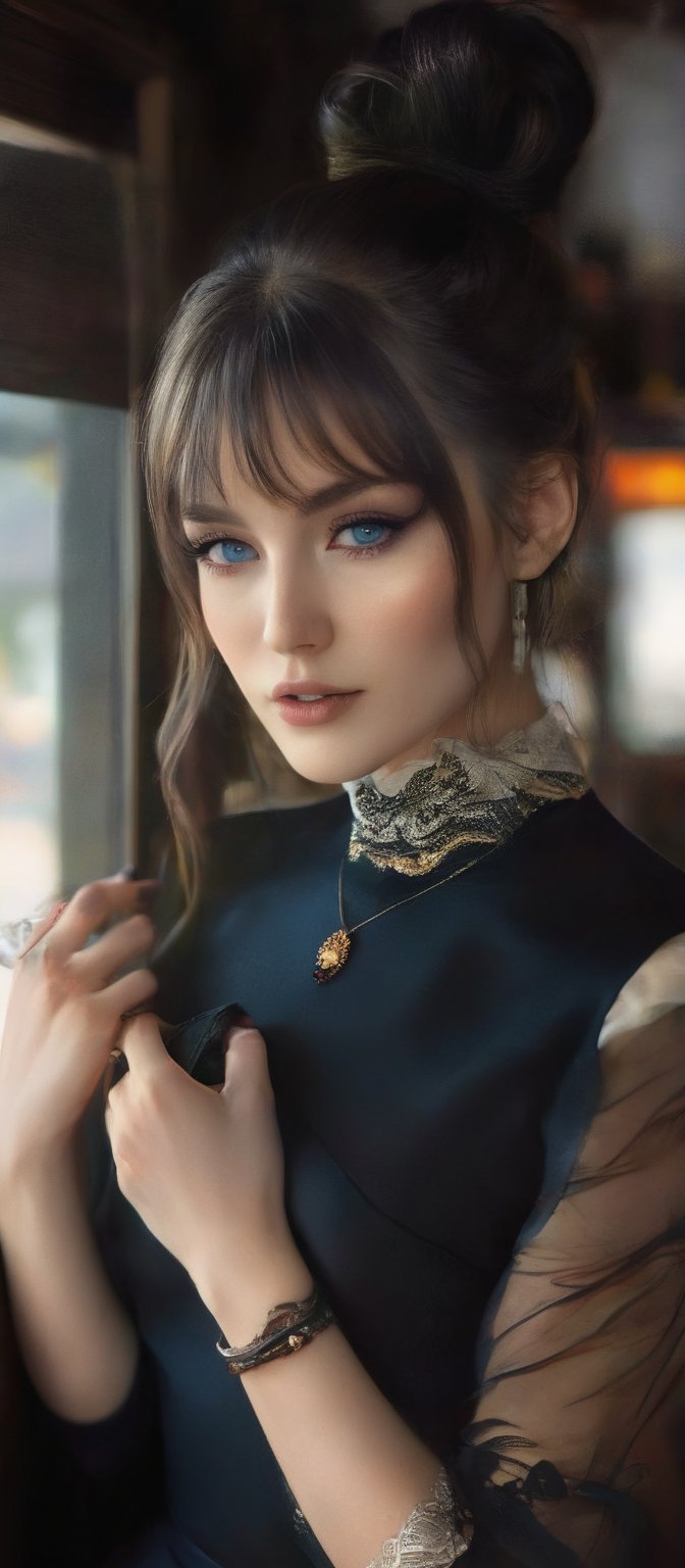 Generate hyper realistic image of a woman with long,  flowing hair sits by a window,  the sunlight casting a soft glow on...