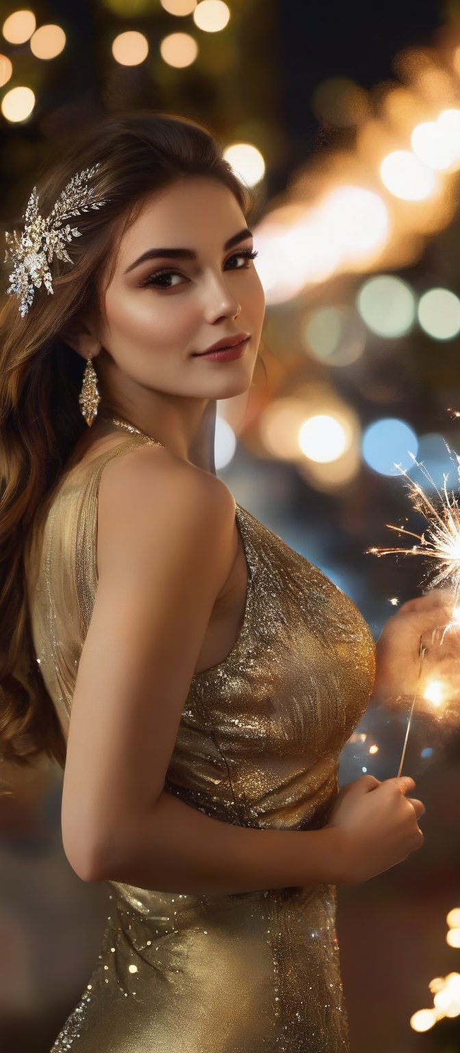 Generate hyper realistic image of a woman standing outdoors, her flowing brown hair cascading down her back, and she is facing the viewer with a smile on her lips. She has large breasts, pale skin, and a slim waist, and is dressed in a golden dress. Her hair is adorned with a beautiful ornament, and she holds a sparkler in one hand, with fireworks lighting up the night sky. Her brown eyes and earrings add to her elegance, while the background remains blurry to keep the solo focus on her.