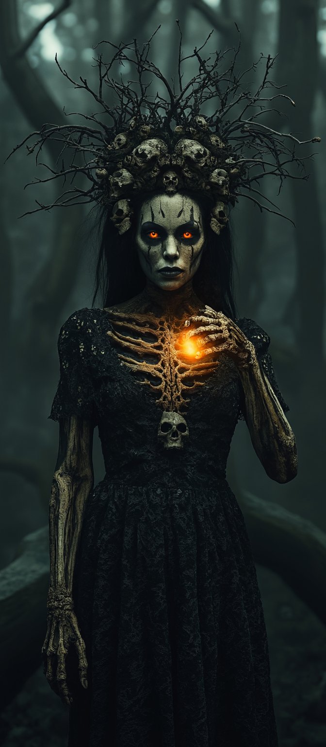 Generate hyper realistic image of a dark, haunting woman with macabre and mystical features. Her face is eerie and skeletal, covered in intricate patterns that resemble roots and vines, giving it a decaying, earthy appearance. Her eyes glow a bright, fiery orange. She is wearing crown-like headpiece made of twisted branches and skulls. The branches fan out from her head, some of them resembling gnarled tree roots, while numerous skulls are embedded within the design. Her clothing is dark and lacy, resembling an ancient, decayed wedding dress. The delicate lace details are contrasted by the rough, bark-like textures that blend into her skin. Her hands are elongated and bony, with sharp, claw-like fingers. Her body is mostly obscured by her dark clothing and the glowing energy she manipulates. The background is dark and shrouded in mist, with faint outlines of twisted trees and decaying branches.