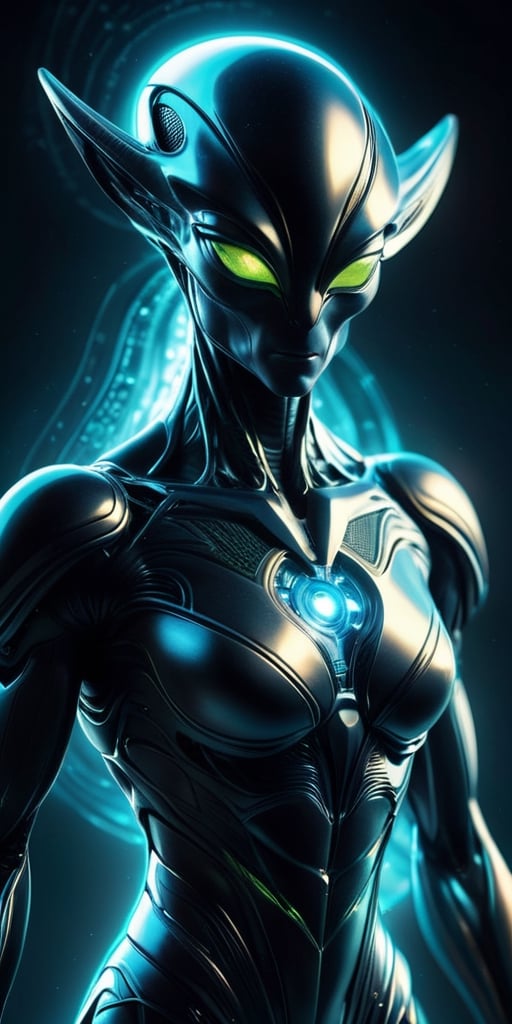 Generate hyper realistic image of a quantum-energy alien hybrid,  with fluctuating energy patterns and the ability to mani...