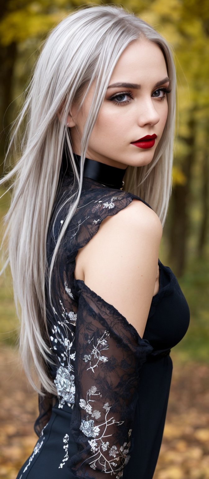 Generate hyper realistic image of a woman with long, straight, silver hair that flows smoothly down her back. The color adds a striking quality to her appearance, contrasting sharply with her dark outfit. Her eyes are intense and captivating, framed with dark makeup. The eye color is a piercing blue , which stands out vividly against her pale skin and silver hair. She is dressed in a black, form-fitting dress that showcases her slender figure. The dress features long sleeves with a unique print of moons and stars. The shoulder cutouts and high neckline with a large ring detail. She wears a choker with a large metal ring at the front. Her makeup is bold, with dark eyeliner and lipstick. The setting is outdoors during autumn, with fallen leaves scattered on the ground.