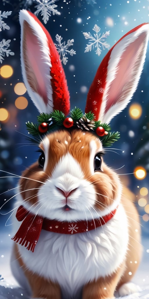 Generate hyper realistic image of a fluffy bunny wearing reindeer antlers,  nibbling on a candy cane while surrounded by s...