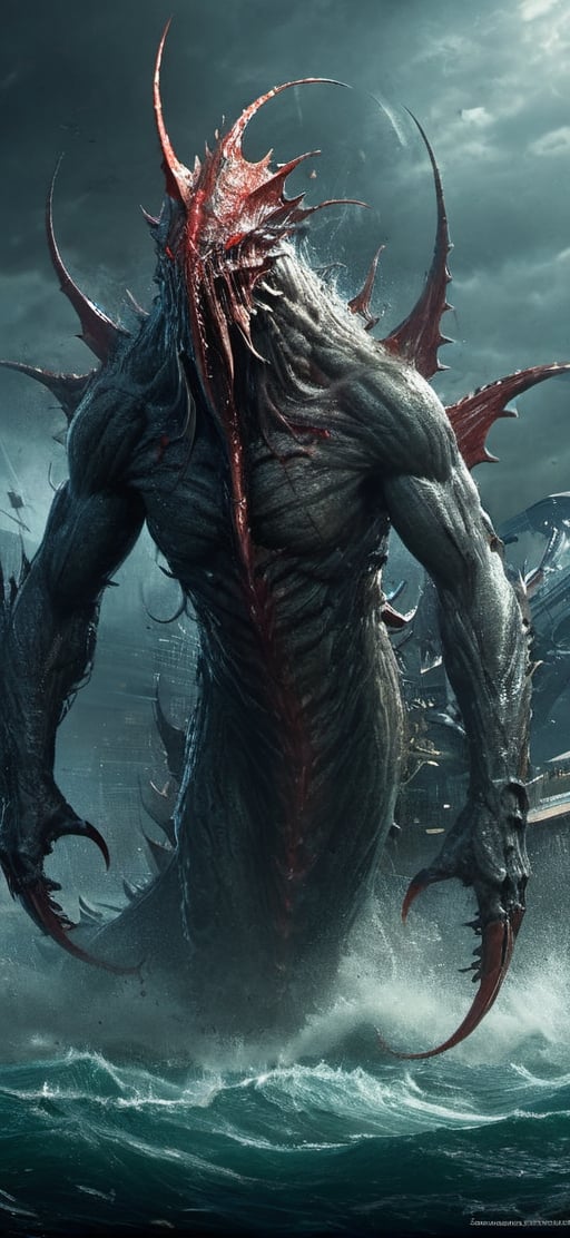 create a gigantic leviathan emerging from sea .towering over huge cruise ship,  humans in panick. humanoid body with tanta...
