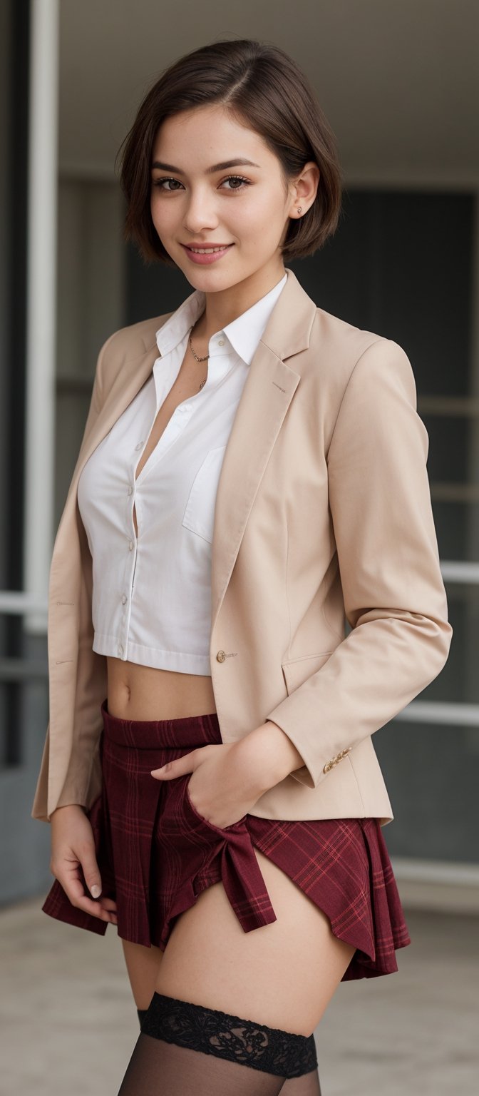Generate hyper realistic image of a woman in a school uniform,  her short blonde hair framing her face as she smiles at th...