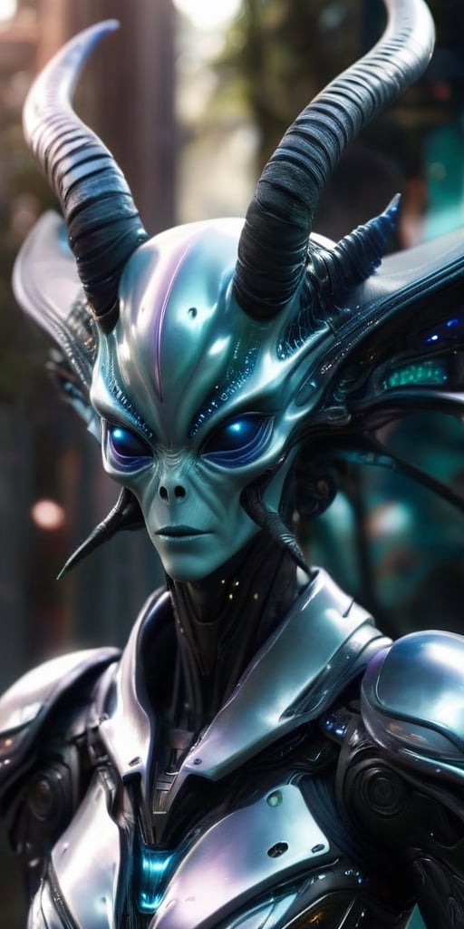 Generate hyper realistic image of an alien,  adorned with majestic horns and advanced extraterrestrial armor. The figure h...