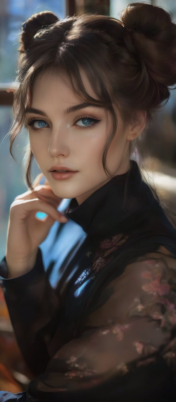Generate hyper realistic image of a woman with long,  flowing hair sits by a window,  the sunlight casting a soft glow on...