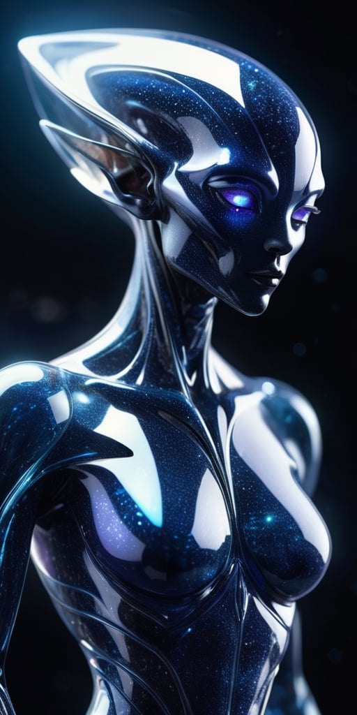 Generate hyper realistic image of a crystalline humanoid alien hybrid,  with translucent skin revealing intricate crystall...
