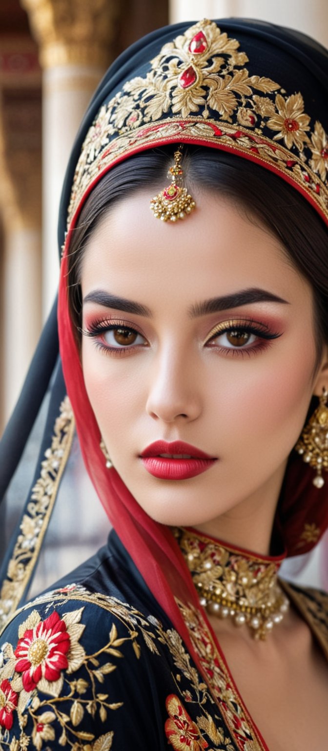 Generate hyper realistic image of a highly detailed portrayal of a regal and elegant woman dressed in traditional, ornate attire, blending elements of cultural and fantasy aesthetics. The woman is dressed in a luxurious black gown intricately adorned with golden embroidery and red accents. The gown has rich patterns running across the sleeves and hem, featuring geometric shapes and floral motifs. She wears a beautifully designed red and black headscarf draped over her head, with red floral patterns and golden embroidery that mirror the designs on her dress. The scarf flows gracefully over her shoulders. Her face is strikingly beautiful, with delicate features. She has flawless, glowing skin, slightly blushed cheeks, and full lips painted in a soft pink color. Her almond-shaped eyes are accentuated with subtle makeup. Long, flowing dark brown hair peeks out from beneath her headscarf. The backdrop is an ancient grand palace.