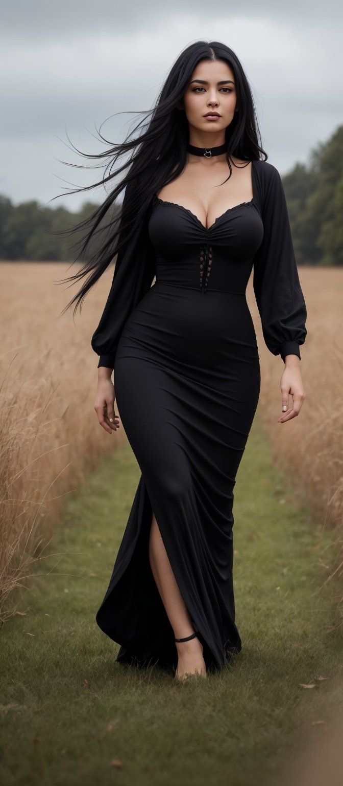 Generate hyper realistic image of a woman with flowing black hair,  draped in a gothic dress that accentuates her curves....