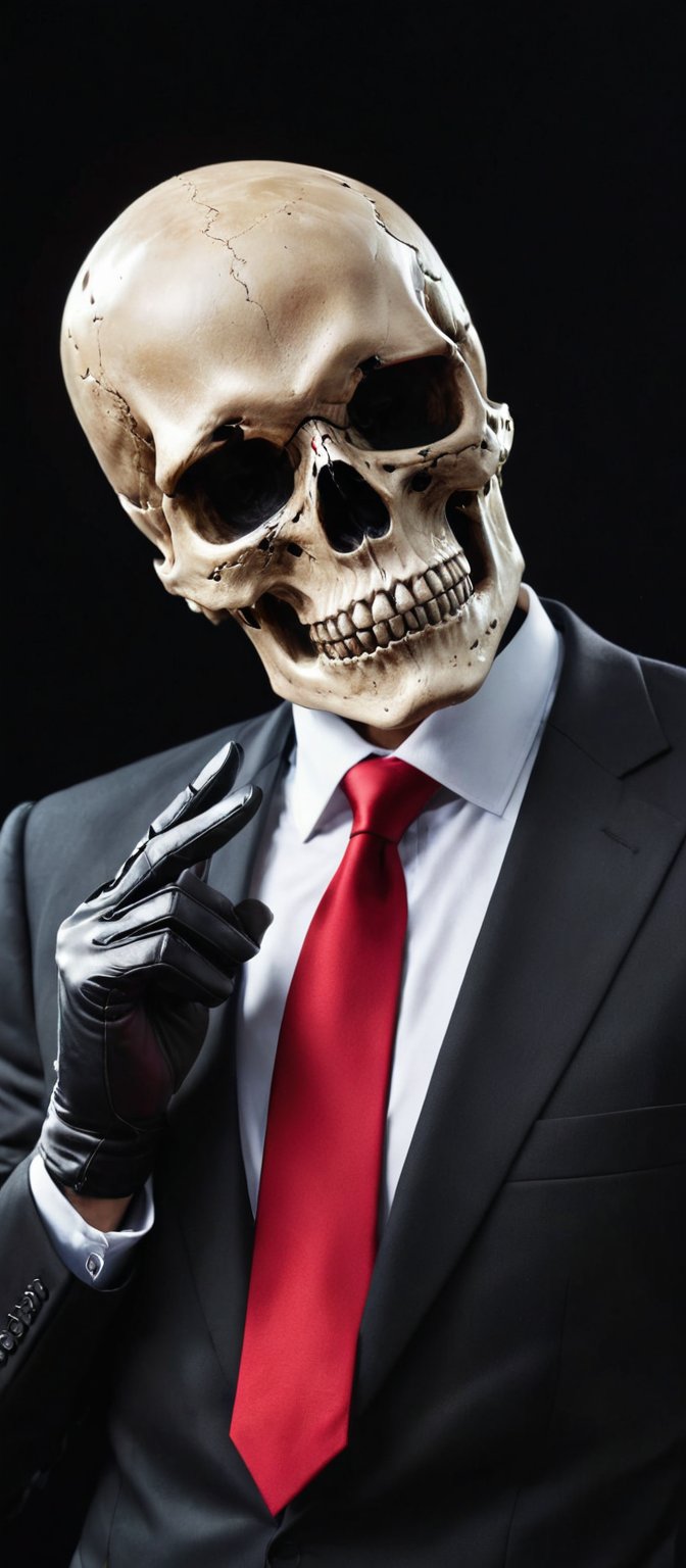 Generate hyper realistic image of a medium-angle shot of a Skull , dressed in a sleek black suit with a bold red tie a. The face has black eyes and a silver headband, and it's wearing black gloves. Its right arm is raised while its left arm is bent, gripping a black gun. The stark black background contrasts sharply with the outfit.,skll