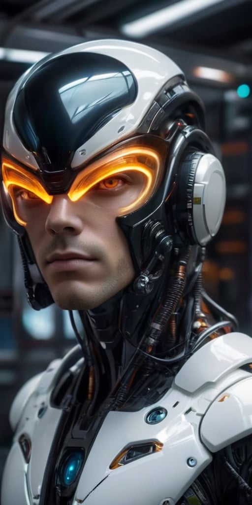 Generate hyper realistic image of a solo alien male figure,  surrounded by the emptiness of space. His orange eyes,  glowi...