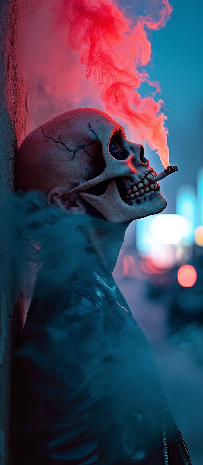 Generate hyper realistic image of a woman with skull painting on her face, leaning back against a textured wall, enveloped in thick, vibrant blue smoke. The skull is highly detailed, with visible cracks and imperfections. The woman is looking towards the sky. In its mouth, a lit cigarette burns, emitting the red smoke, which swirls around the head in an ethereal, dreamlike manner. The background is out of focus, revealing blurred city lights in a range of soft colors. The figure wears a black leather jacket with shiny, reflective surfaces. The mood is eerie yet modern, blending elements of death, urban culture, and neon lighting.