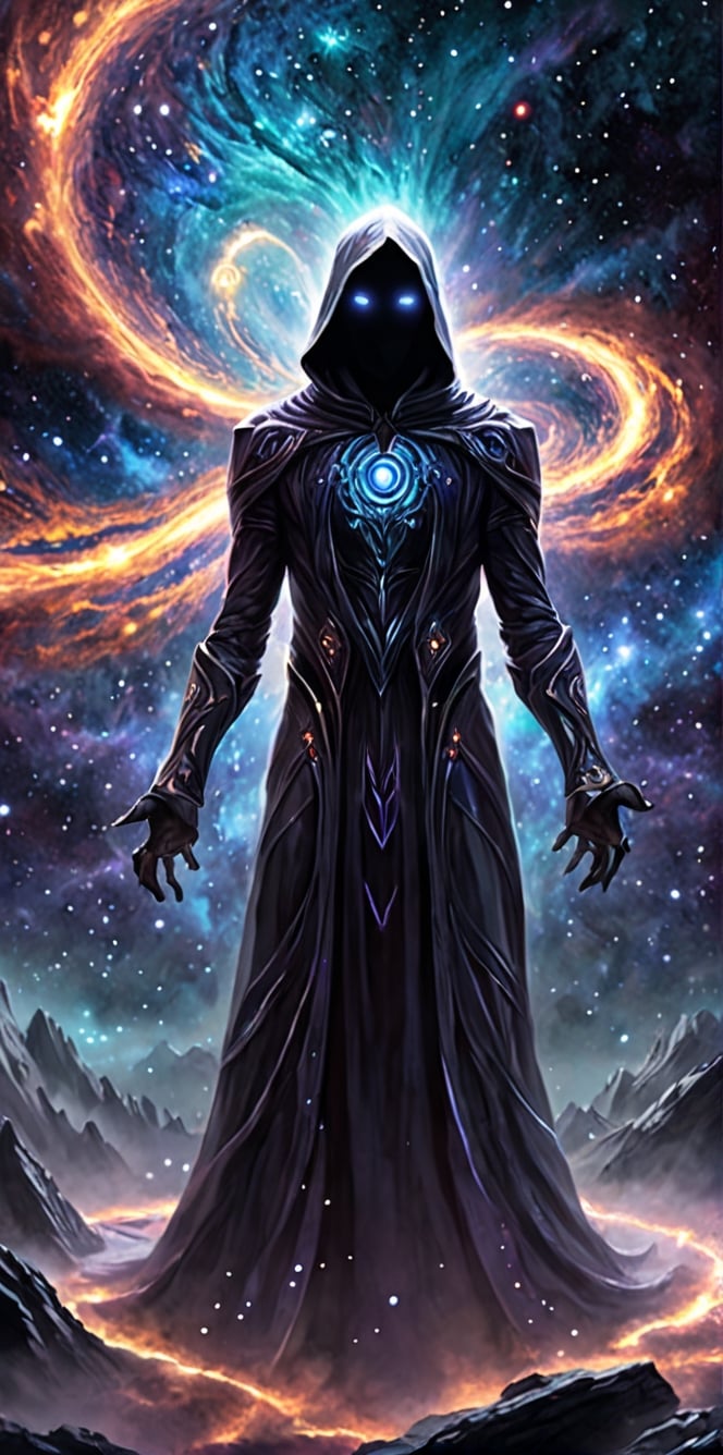 Generate hyper realistic image of an entity emerging from a cosmic void,  its form an amalgamation of darkness and swirlin...