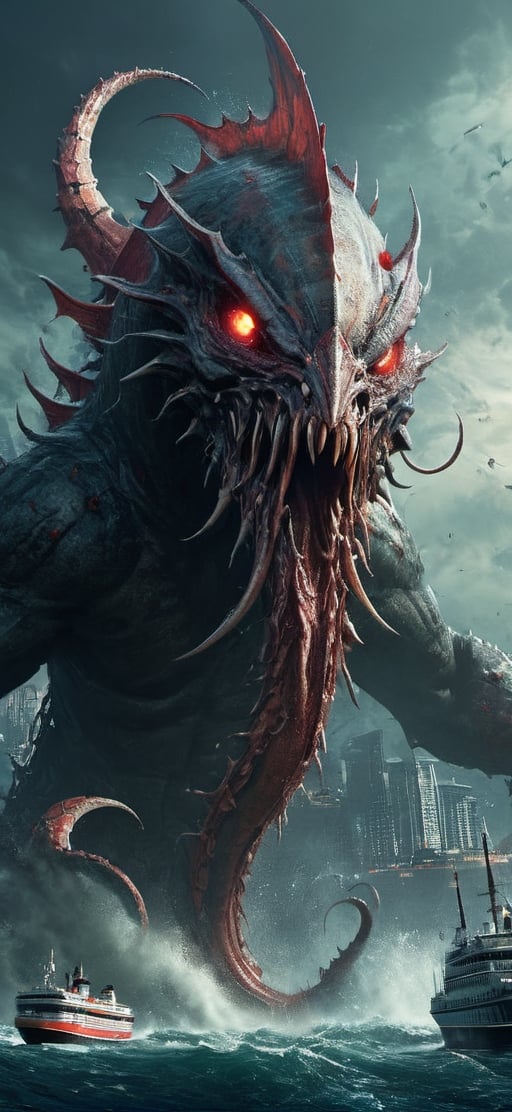create a gigantic leviathan emerging from sea .towering over huge cruise ship,  humans in panick. humanoid body with tanta...