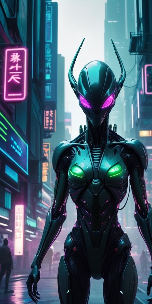 Generate hyper realistic image of a scene featuring a cybernetically enhanced alien being,  their body merging with dark m...