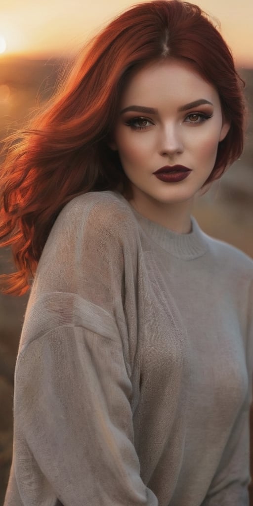 Generate hyper realistic image of a beautiful woman with lustrous red hair cascading in the warm glow of a sunset. She wea...