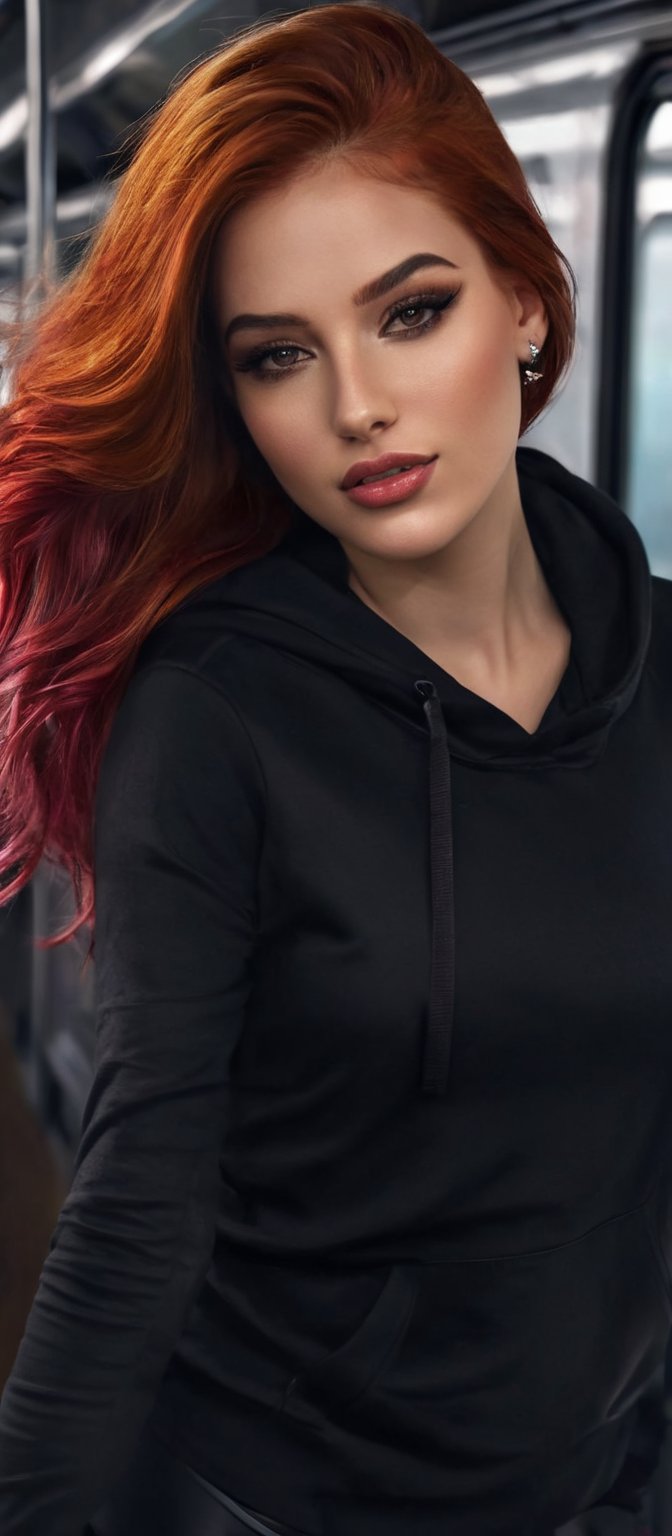 Generate hyper realistic image of a woman with flowing red hair with black strands that cascades down her back. She is loo...