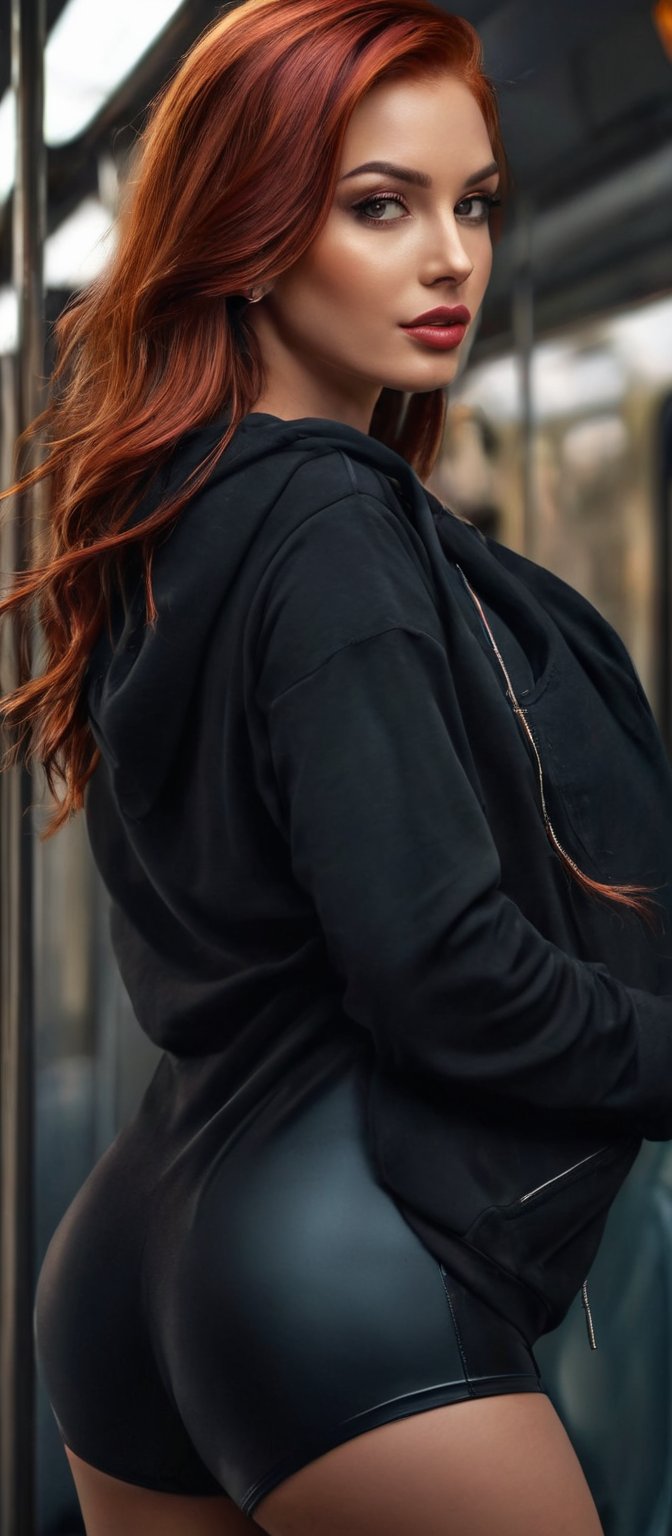 Generate hyper realistic image of a woman with flowing red hair with black strands that cascades down her back. She is loo...
