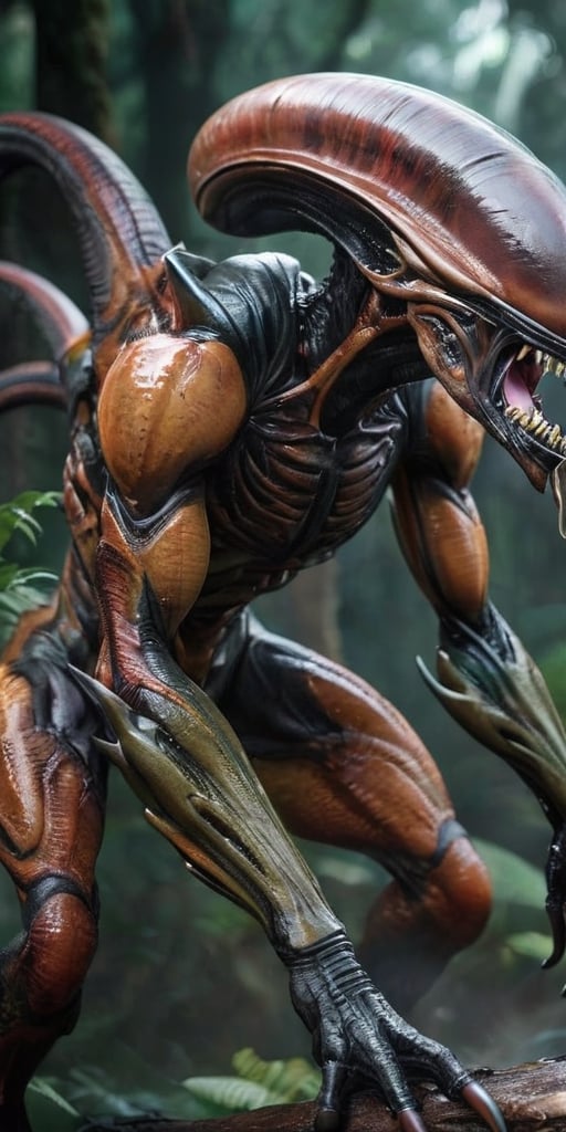 Generate hyper realistic image of a deadly alien creature with razor-sharp claws,  venomous fangs,  and the ability to cam...