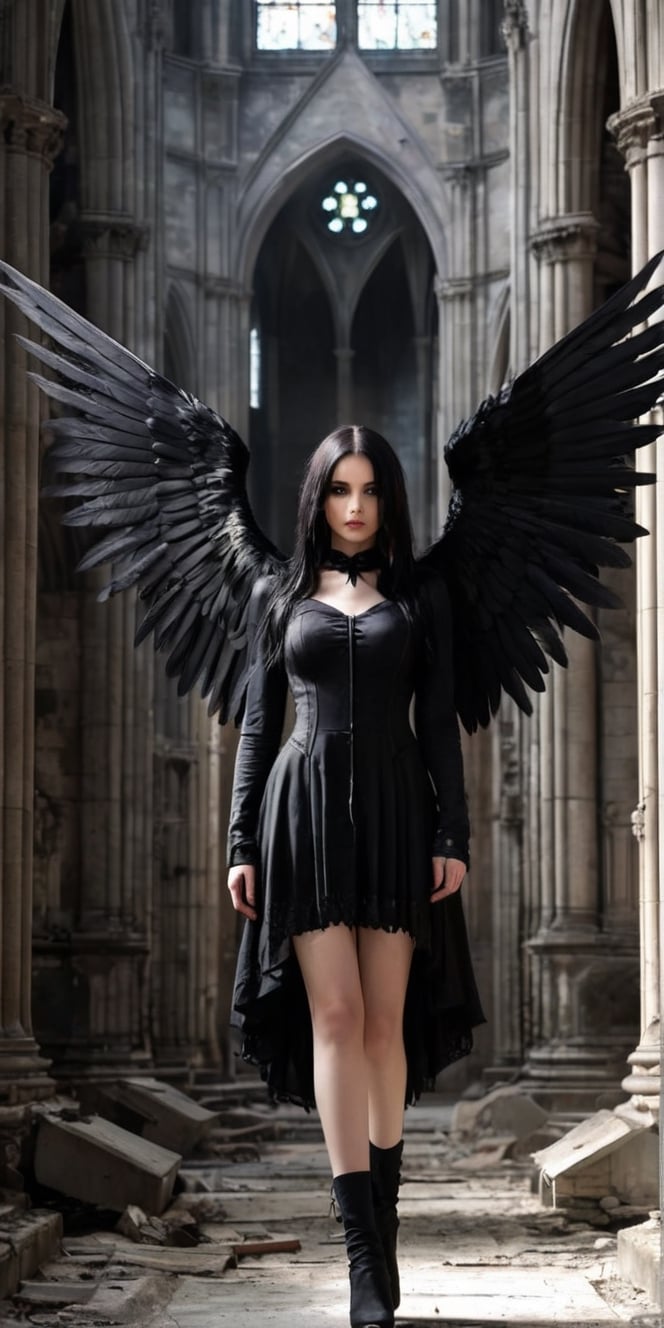 Generate hyper realistic image of a goth girl with black wings in the solemn ambiance of an abandoned cathedral. Her dark...