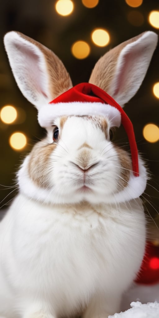 Generate hyper realistic image of a fluffy bunny wearing reindeer antlers,  nibbling on a candy cane while surrounded by s...