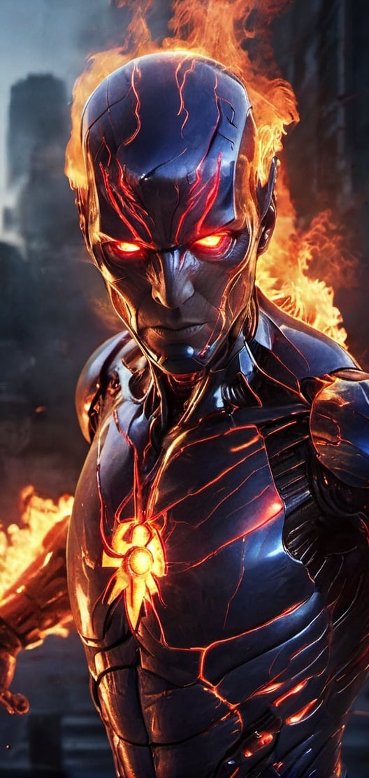 Create a image of Humanoid allien casting fire around him.male allien, red eyes , detailed face , futuristic , red and blue aura, dark lighting , ,flmngprsn,Ultron ,Monster