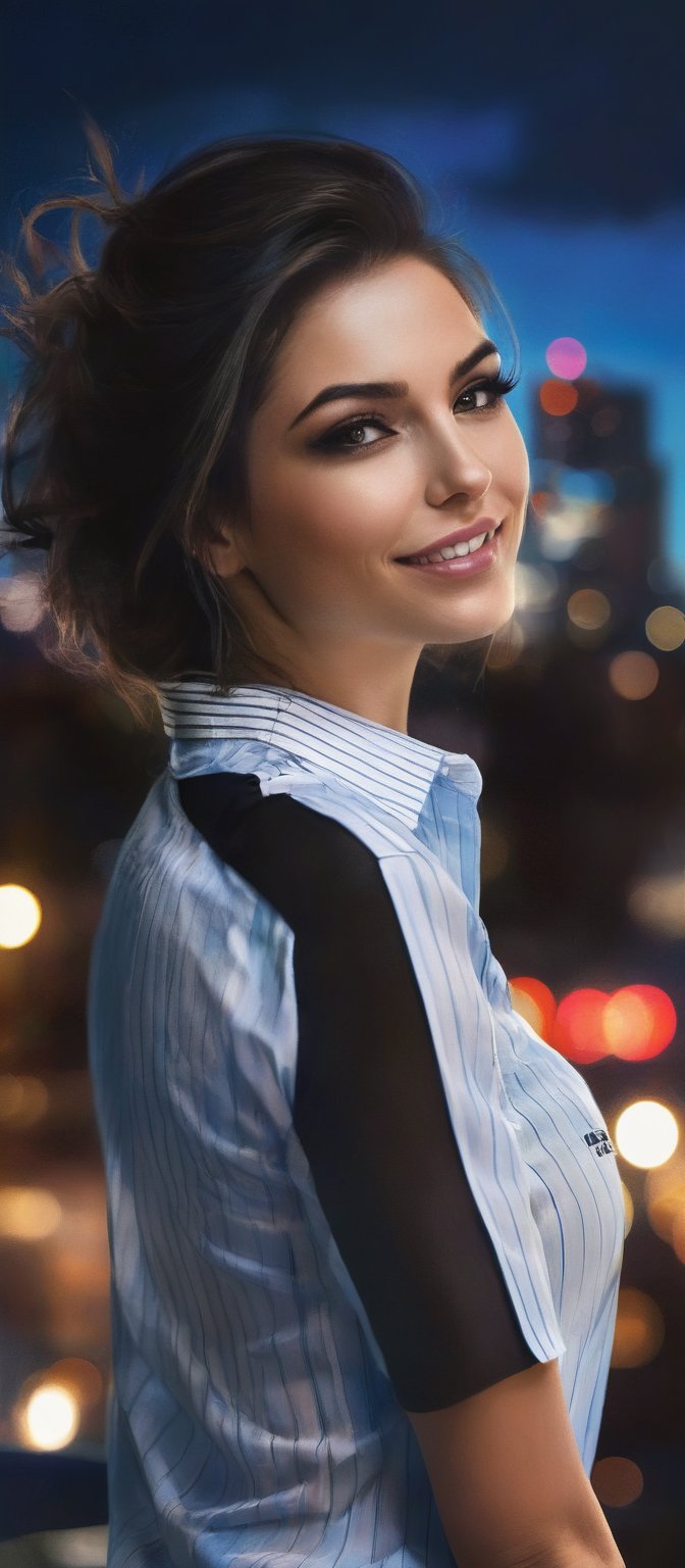 Generate hyper realistic image of a woman standing in front of a nighttime cityscape, with flowing brunette hair cascading down her back. She faces the viewer with a smile, her large breasts accentuated by a light blue and white striped shirt. The shirt is detailed with a black collar, white stripes, and an emblem on the right side of the chest that reads "meow". The scene includes a car driving down a street lined with street lights, capturing the city’s vibrant nighttime atmosphere. Her hair is pulled back.