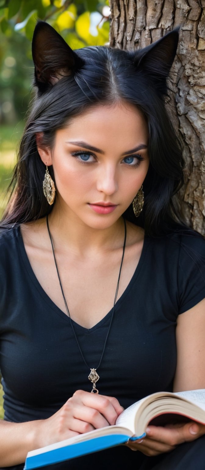 Generate hyper realistic image of a woman with long, black hair sitting outdoors beneath a tree, wearing a black shirt with short sleeves. She's holding an open book, her blue eyes looking directly at the viewer, with hoop earrings adorning her ears. A cat sits beside her, and she wears a necklace and bracelet, her lips subtly curved as if she's absorbed in reading.