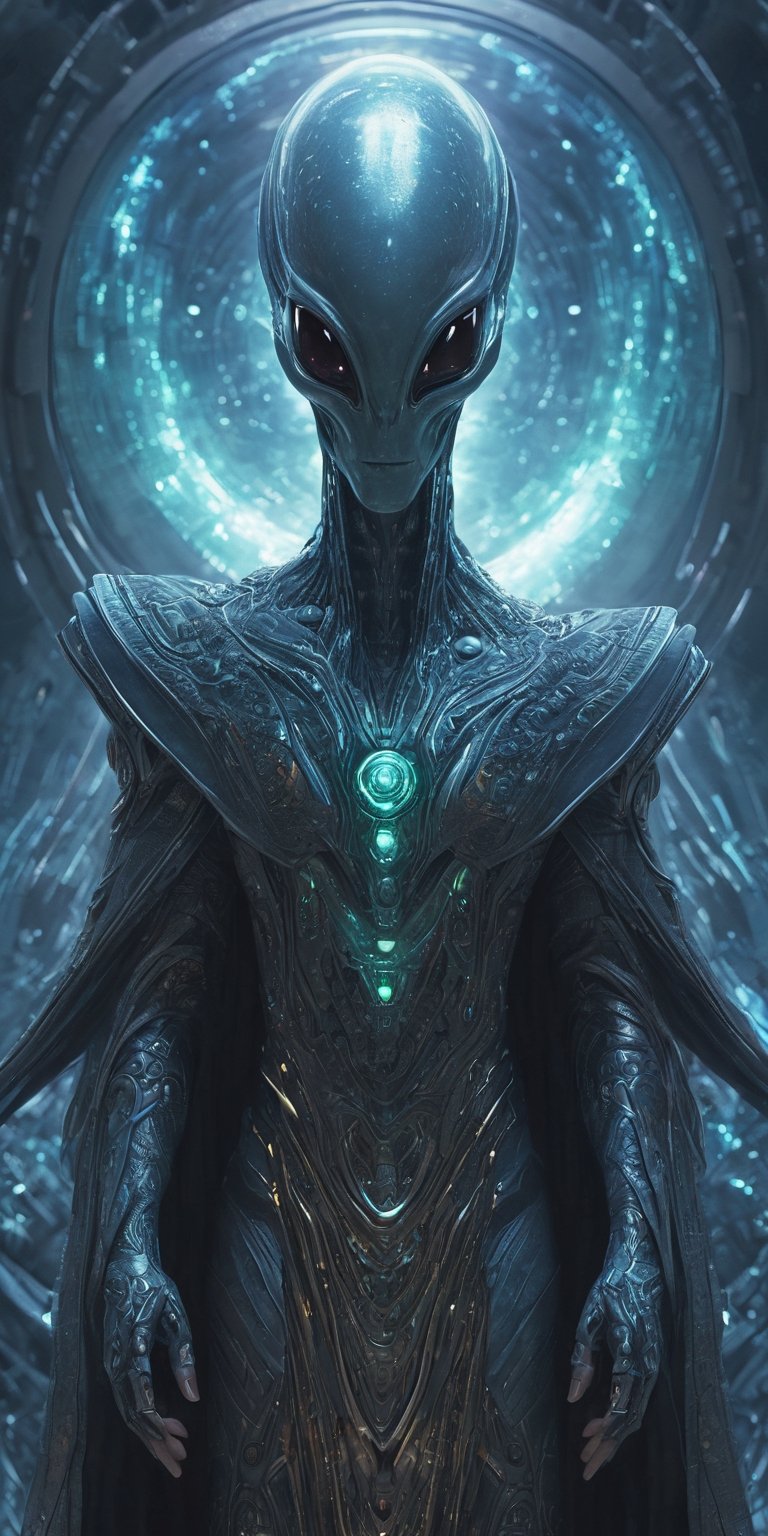 Generate hyper realistic image of an alien with mystical powers,  donned in intricate cosmic robes,  navigating a futurist...