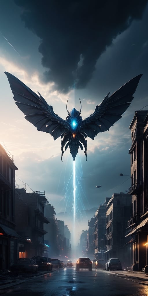 Generate hyper realistic image of alien entities with biomechanical wings,  soaring through the darkened skies as they unl...