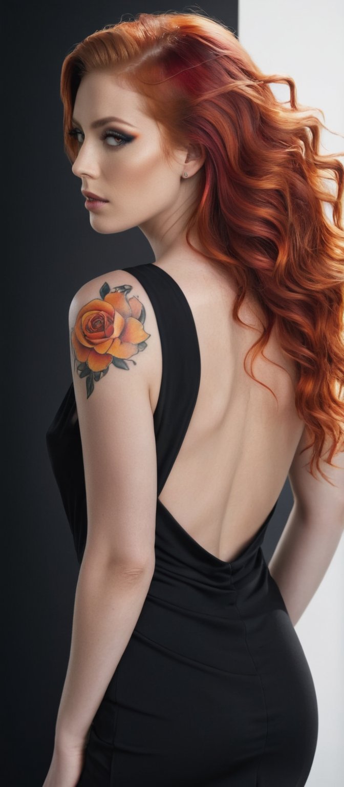 Generate hyper realistic image of a woman with long, wavy hair cascading down her back, dressed in a sleek black dress, her red hair peeking over her shoulder as she looks back with a serious gaze. Another woman with fiery orange hair, hair covering one eye, adorned in an elegant backless outfit, her back tattoo catching the eye, standing amidst dark shadows.