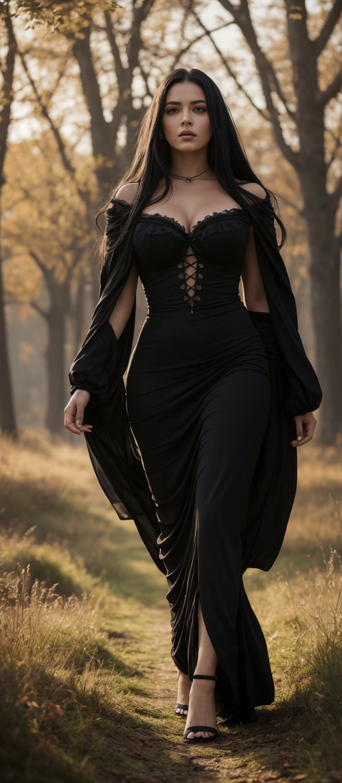 Generate hyper realistic image of a woman with flowing black hair,  draped in a gothic dress that accentuates her curves....