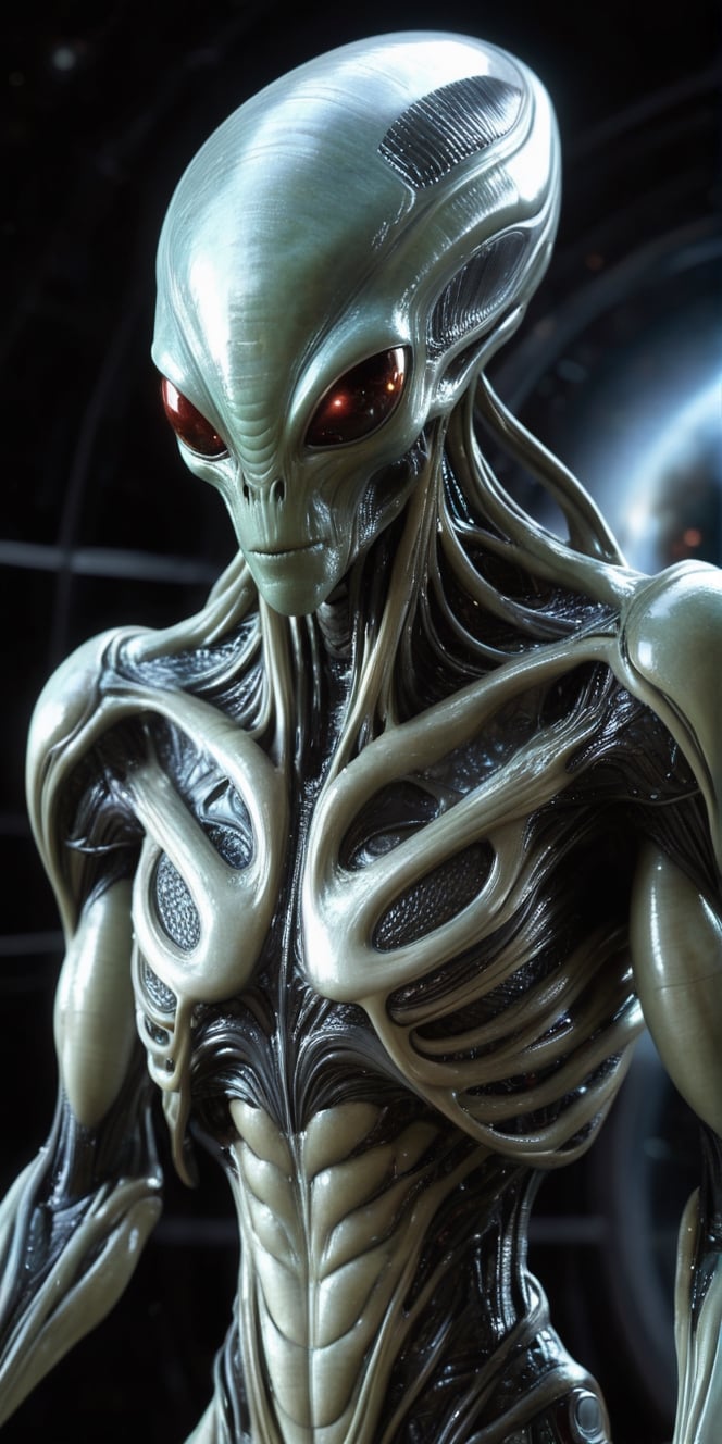 Generate hyper realistic image of an alien creature capable of manipulating its molecular structure at will. In a scene re...