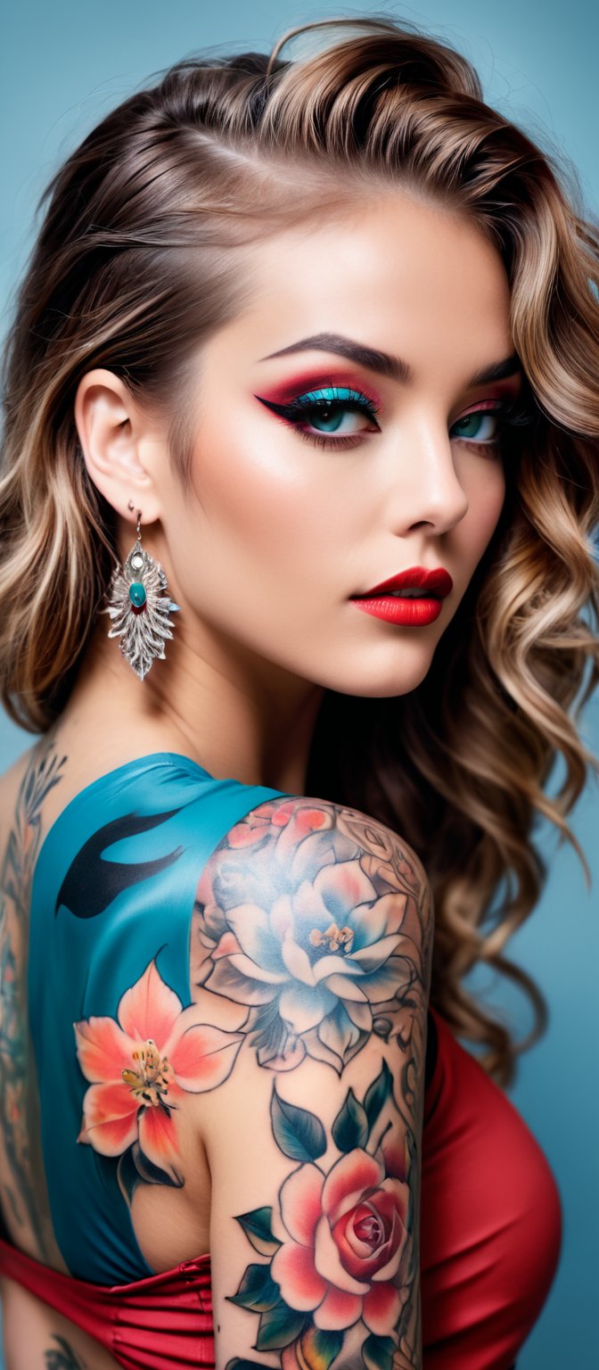 Generate hyper realistic image of a woman posing in an eye-catching outfit with a prominent tattoo. The woman has long,  l...