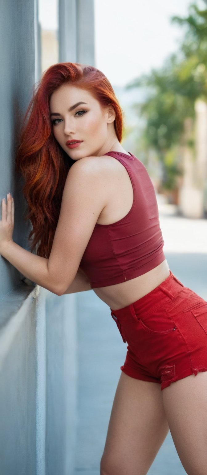 Generate hyper realistic image of a woman standing with her hands raised to her cheeks, using her fingers to gently pull her cheeks back, enhancing her smile. She has long, vibrant shiny red hair that cascades down her back in loose, voluminous waves. She is wearing a red crop top and matching red shorts that are high-waisted and slightly distressed at the hems. The background features a cozy coffee shop.