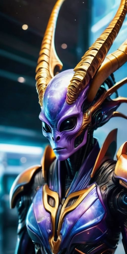 Generate hyper realistic image of an alien,  adorned with majestic horns and advanced extraterrestrial armor. The figure h...