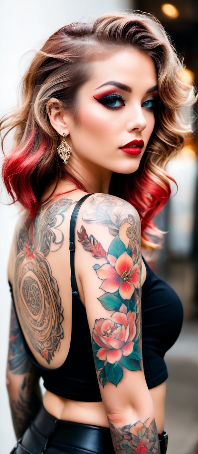 Generate hyper realistic image of a woman posing in an eye-catching outfit with a prominent tattoo. The woman has long,  l...