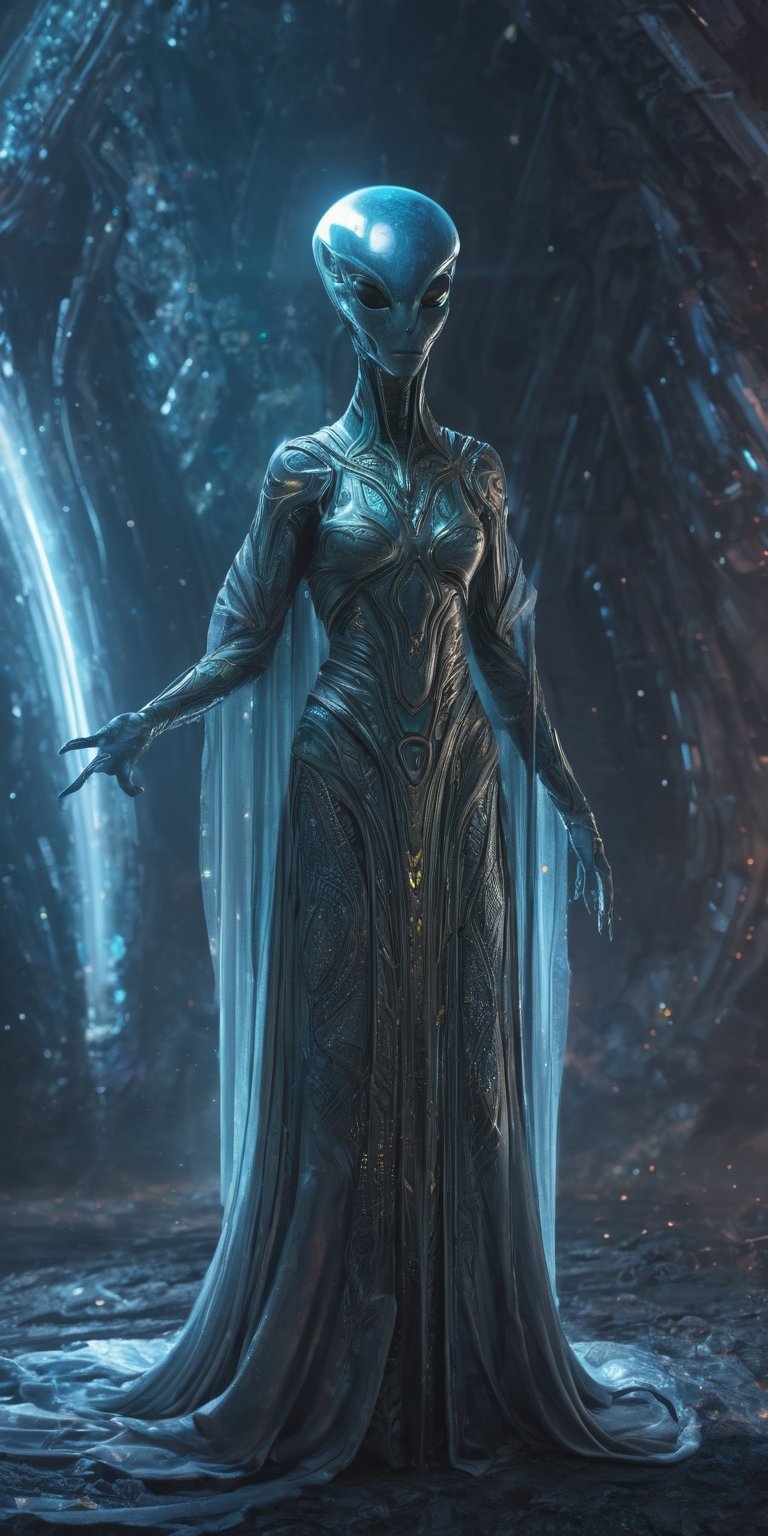 Generate hyper realistic image of an alien with mystical powers,  donned in intricate cosmic robes,  navigating a futurist...