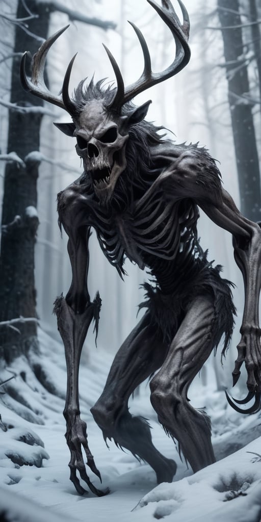 Generate hyper realistic image of a bone-chilling image of a monstrous wendigo, its skeletal form draped in icy, tattered fur, stalking through a snow-covered forest with hollow eyes reflecting the hunger for human flesh.highly detailed, sharp focus.8k,photography style,Extremely Realistic, 