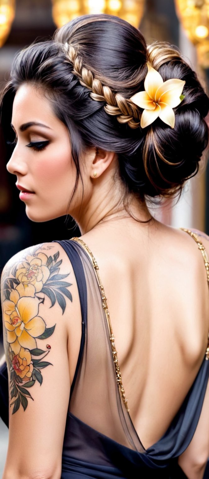 Generate hyper realistic image of a woman with an alluring and confident appearance. The woman is shown from the back,  sl...