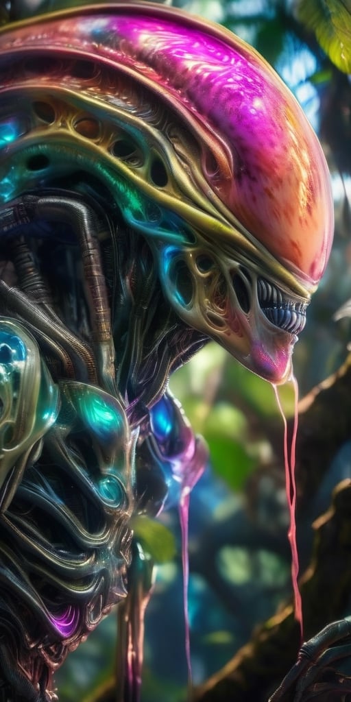 Generate hyper realistic image of a alien lurking among the trees. Its bony exoskeleton is adorned with vibrant,  biolumin...