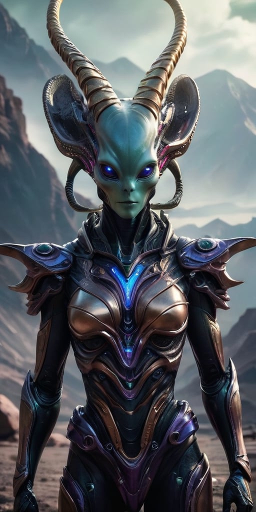 Generate hyper realistic image of an alien,  adorned with majestic horns and advanced extraterrestrial armor. The figure h...