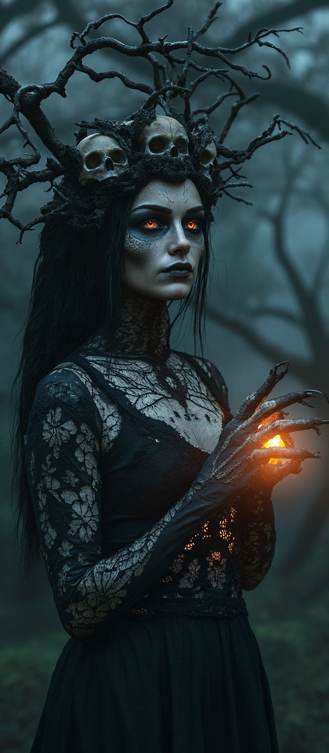 Generate hyper realistic image of a dark, haunting woman with macabre and mystical features. Her face is eerie and skeletal, covered in intricate patterns that resemble roots and vines, giving it a decaying, earthy appearance. Her eyes glow a bright, fiery orange. She is wearing crown-like headpiece made of twisted branches and skulls. The branches fan out from her head, some of them resembling gnarled tree roots, while numerous skulls are embedded within the design. Her clothing is dark and lacy, resembling an ancient, decayed wedding dress. The delicate lace details are contrasted by the rough, bark-like textures that blend into her skin. Her hands are elongated and bony, with sharp, claw-like fingers. Her body is mostly obscured by her dark clothing and the glowing energy she manipulates. The background is dark and shrouded in mist, with faint outlines of twisted trees and decaying branches.