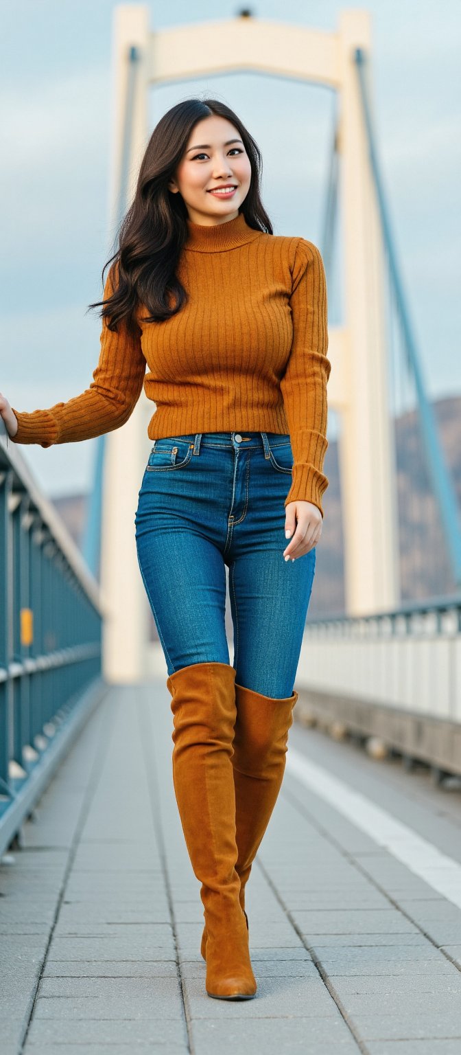 Generate hyper realistic image of a young Japanese woman walking on the bridge. She has long,  dark hair that is styled in...