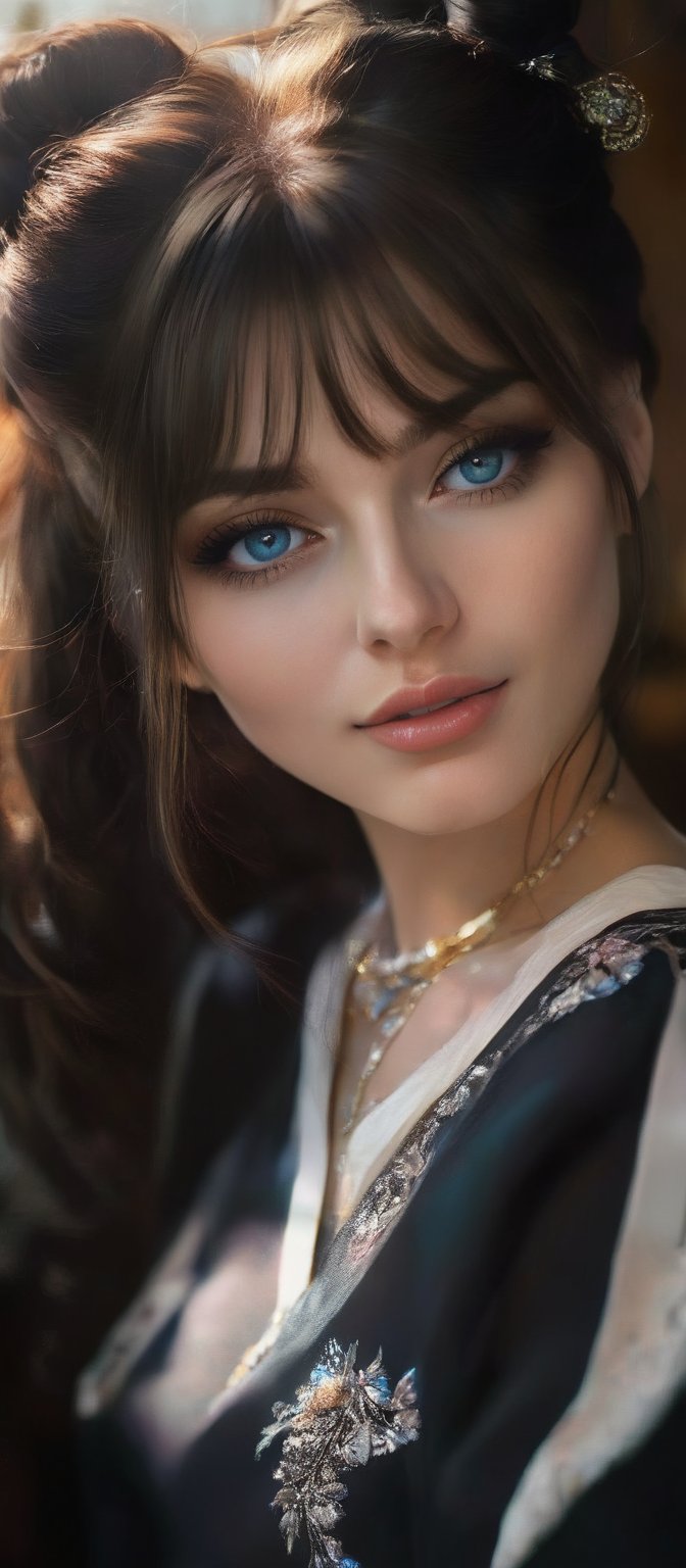 Generate hyper realistic image of a woman with long,  flowing hair sits by a window,  the sunlight casting a soft glow on...