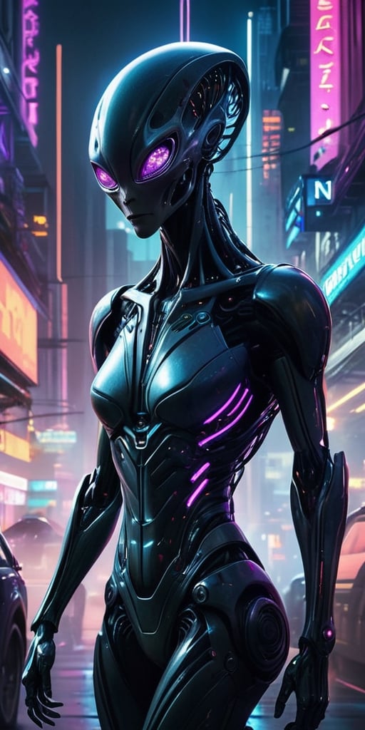 Generate hyper realistic image of a scene featuring a cybernetically enhanced alien being,  their body merging with dark m...