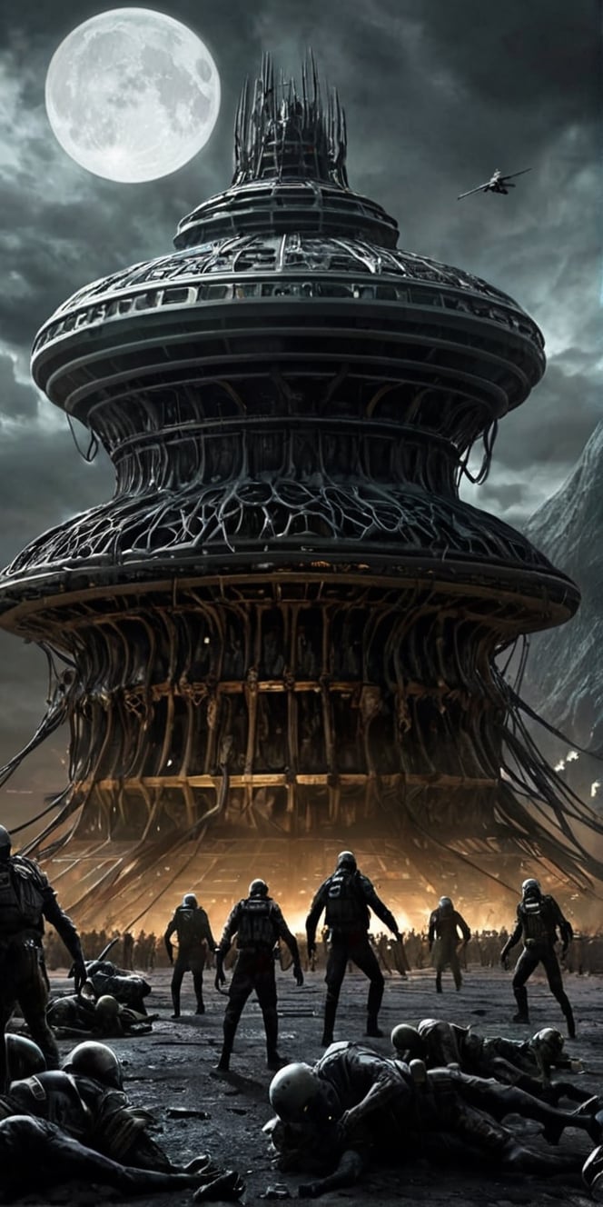 Generate hyper realistic image of a scene in a darkened alien hive overrun by undead monstrosities. The otherworldly archi...